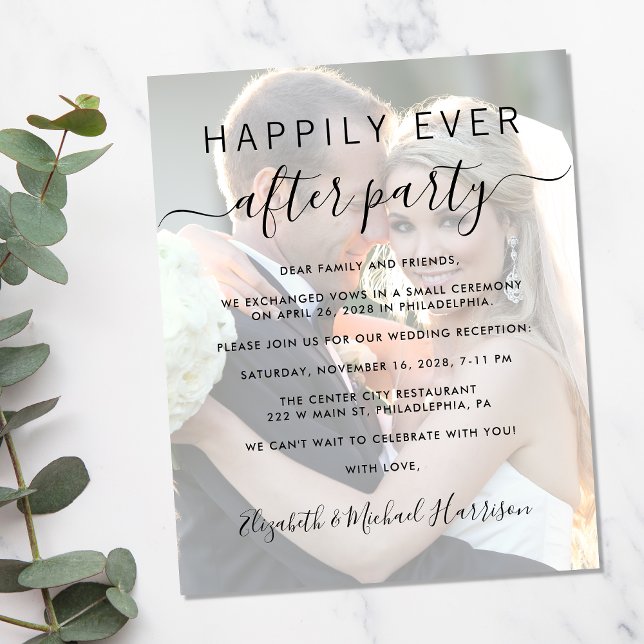 Happily Ever After Photo Wedding Reception Invite (A stylish photo overlay invitation for a reception to celebrate your elopement or private wedding)