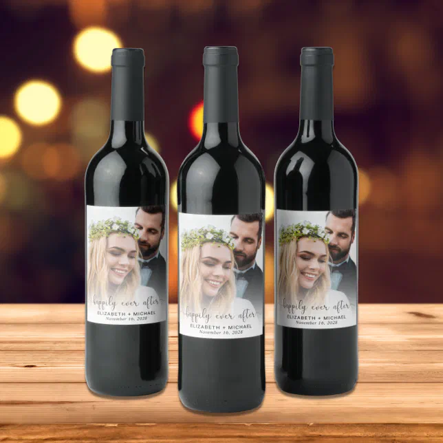 Happily Ever After Photo Wedding Wine Label | Zazzle