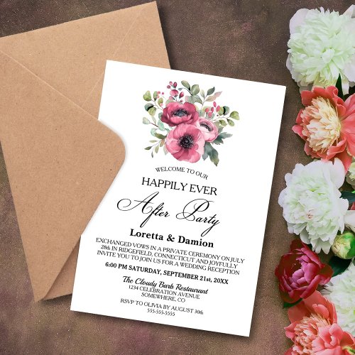 Happily Ever After Pink Floral Wedding Reception Invitation