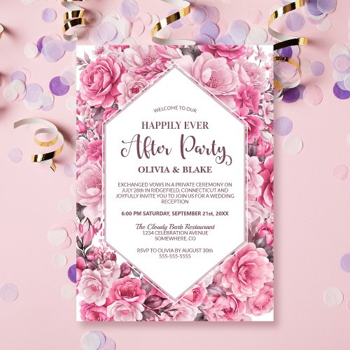 Happily Ever After Pink Floral Wedding Reception Invitation