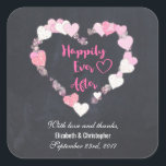 Happily Ever After Pink Hearts Wedding Thank You Square Sticker<br><div class="desc">Wedding thank you stickers with a romantic illustration of a bunch of little pink glittering hearts forming a heart-shaped frame. Inside it says "Happily Ever After" in a trendy handwritten style font. Set on a black chalkboard background. Personalize with the bride and groom's names and wedding date.</div>