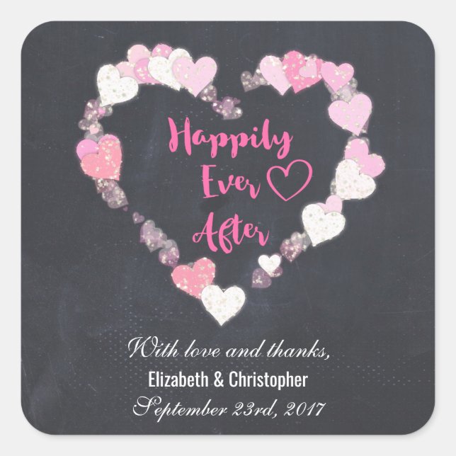 Happily Ever After Pink Hearts Wedding Thank You Square Sticker (Front)