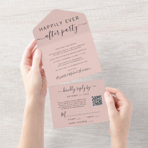 Happily Ever After QR Code Blush Wedding Reception All In One Invitation