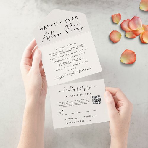 Happily Ever After QR Code Cream Wedding Reception All In One Invitation