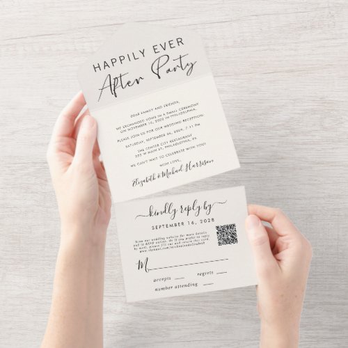Happily Ever After QR Code Cream Wedding Reception All In One Invitation