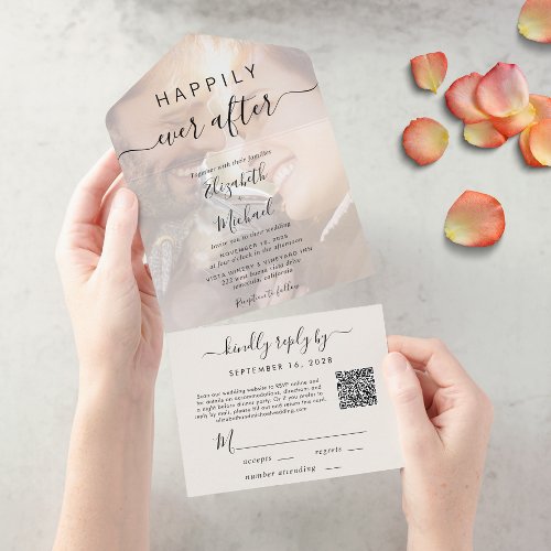 Happily Ever After QR Code Photo Cream Wedding All In One Invitation