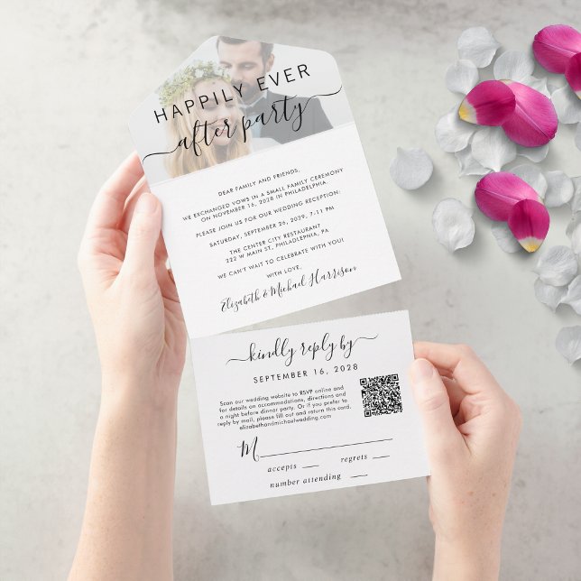 Happily Ever After QR Code Photo Wedding Reception All In One Invitation (An chic Happily Ever After Party all-in-one invitation for your wedding celebration)