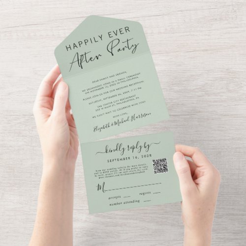 Happily Ever After QR Code Sage Wedding Reception All In One Invitation