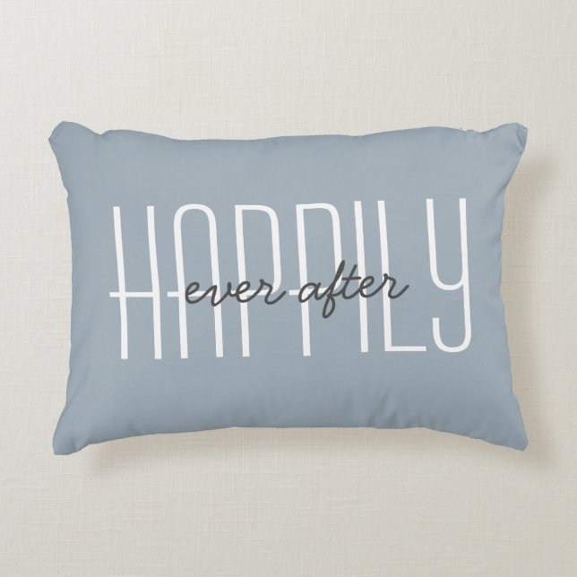 Happily Ever After Quote Modern Typography Blue Accent Pillow (Front)