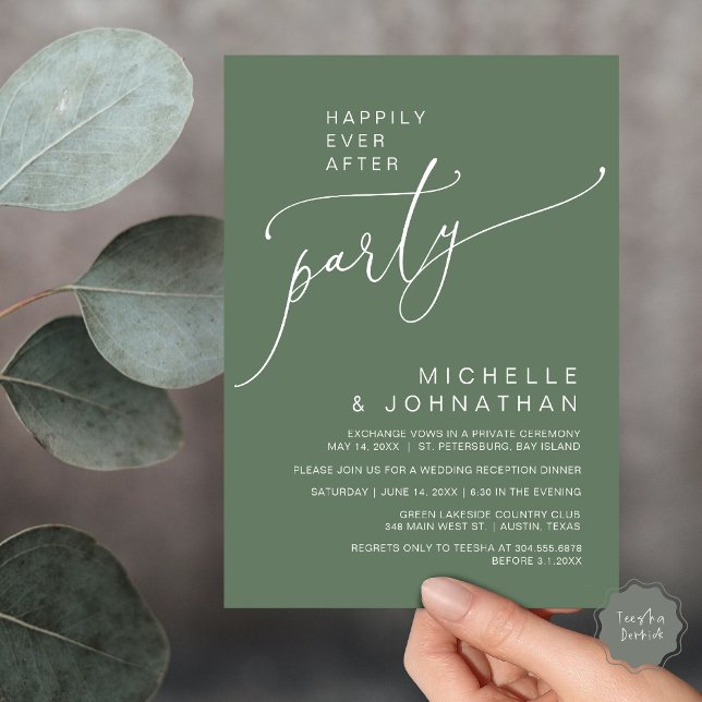 Happily Ever After Reception Dinner and Dancing Invitation (Happily Ever After Reception Dinner and Dancing Cash Bar, Adult only Invitation Card PDF Sage Green)