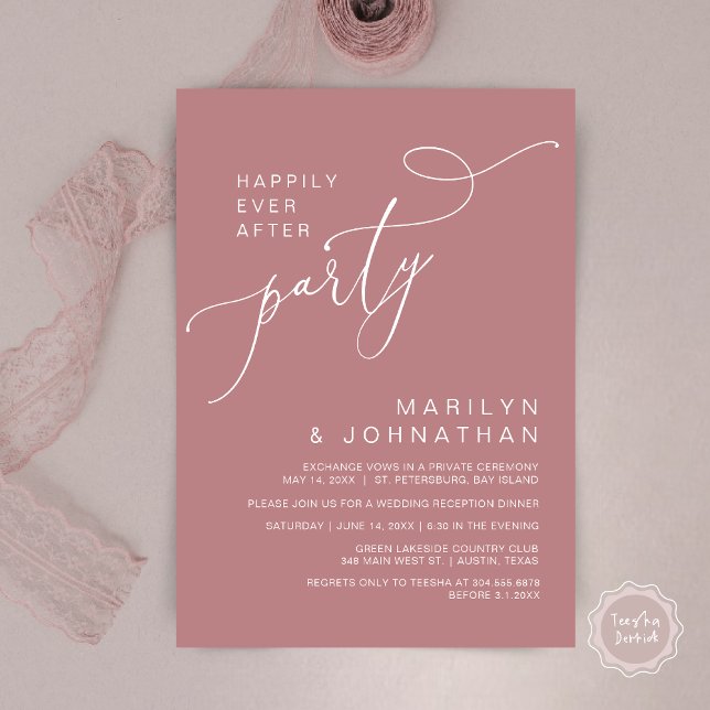 Happily Ever After Reception Dinner and Dancing Invitation (Happily Ever After Reception Dinner and Dancing Cash Bar, Adult only Invitation Card PDF Dusty Rose)