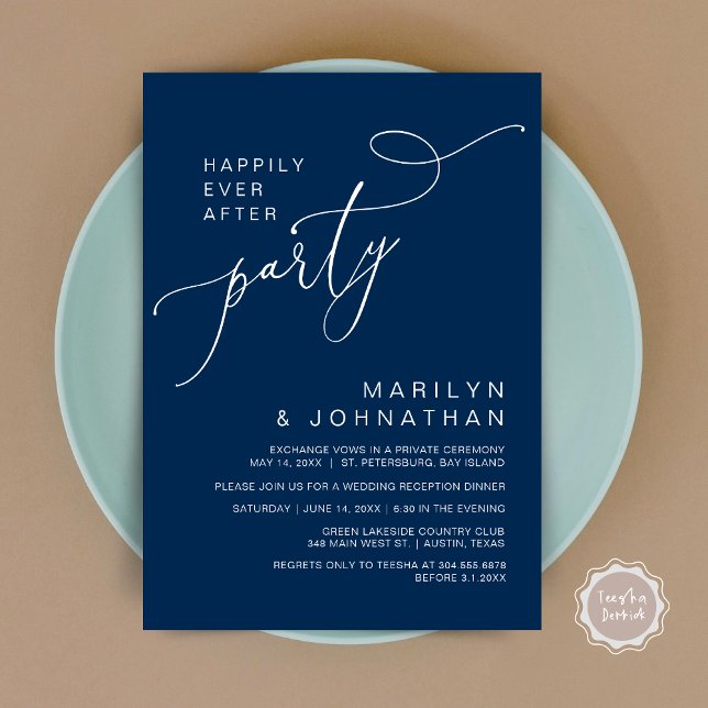 Happily Ever After Reception Dinner and Dancing Invitation (Happily Ever After Reception Dinner and Dancing Cash Bar, Adult only Invitation Card PDF Navy Blue)