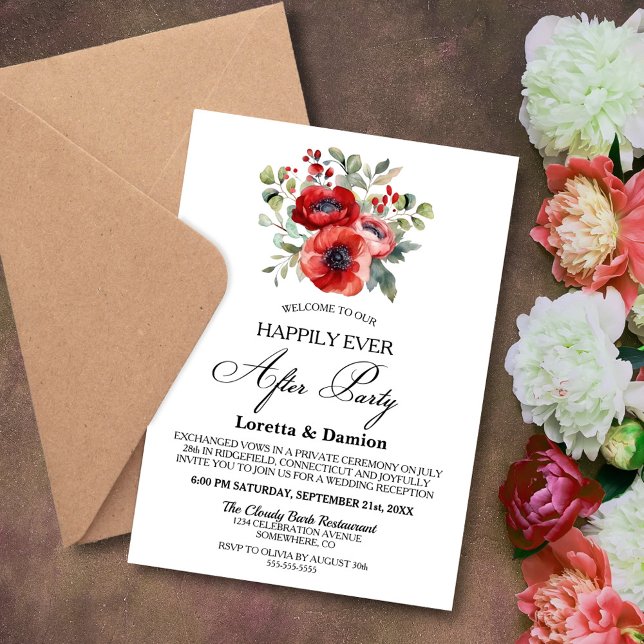 Happily Ever After Red Floral Wedding Reception Invitation (Creator Uploaded)
