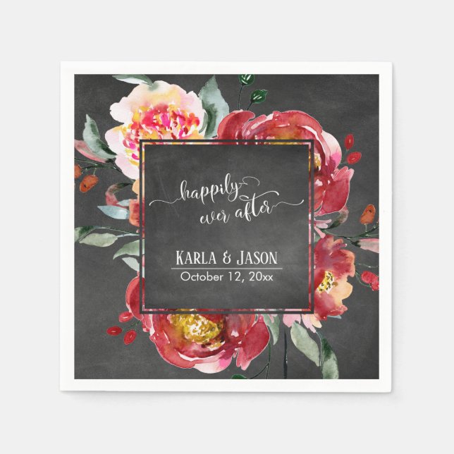 Happily Ever After Red Flower Bouquet Chalkboard Napkins (Front)