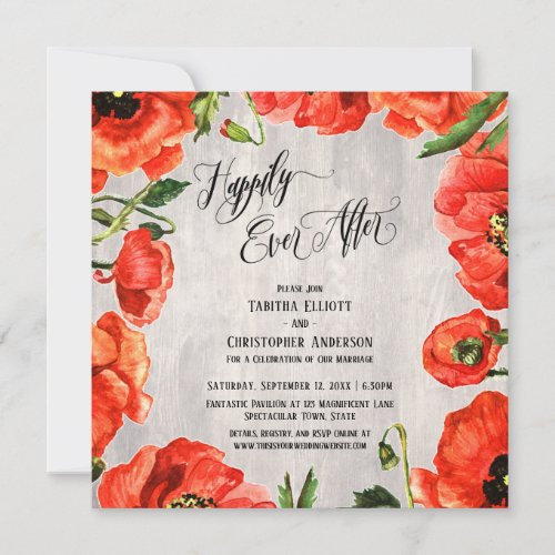 Happily Ever After Red Poppies on Wood Reception Invitation