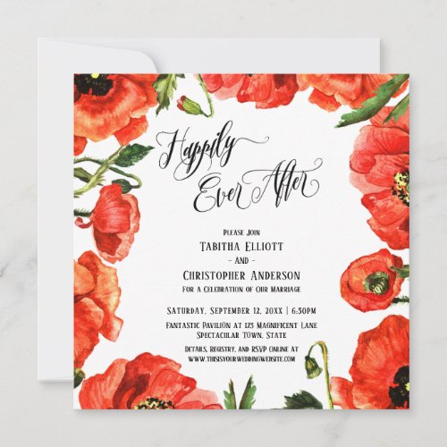 Happily Ever After Red Poppies Wreath Reception Invitation