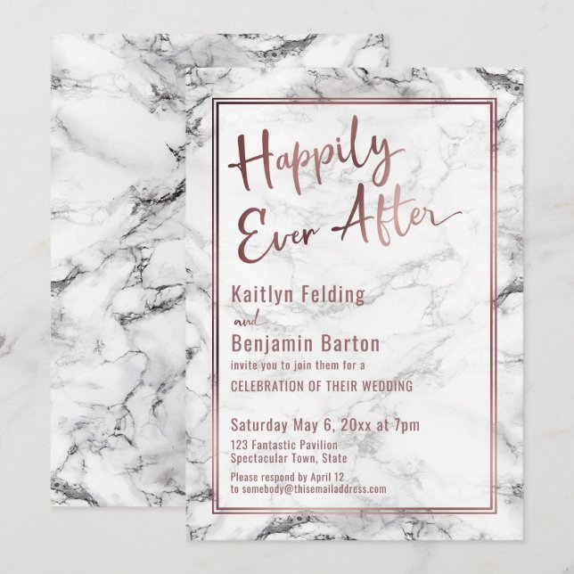 Happily Ever After Rose Gold Marble Reception Invitation (Front/Back)