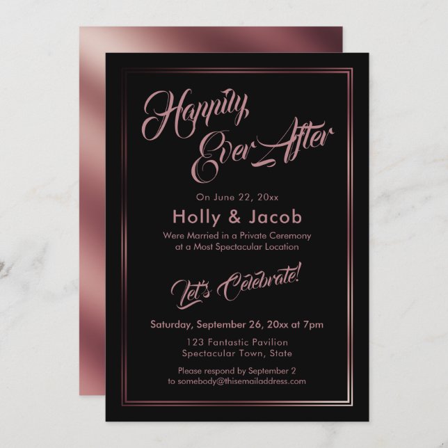 Happily Ever After Rose Gold Over Black Reception Invitation (Front/Back)