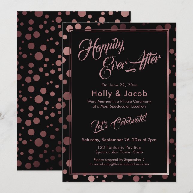 Happily Ever After Rosegold Confetti Bubbles Black Invitation (Front/Back)
