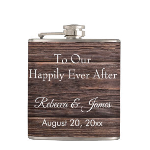 Happily Ever After Rustic Brown Wedding Monogram Flask