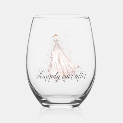 Happily Ever After Rustic Country Wedding Dress Stemless Wine Glass