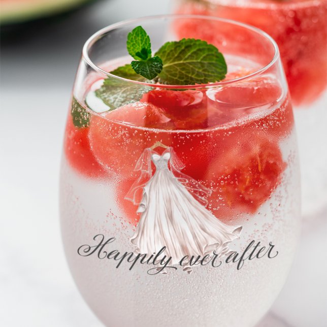 Happily Ever After Rustic Country Wedding Dress Stemless Wine Glass (Creator Uploaded)