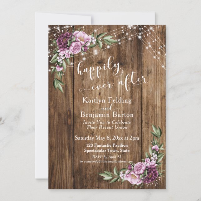 Happily Ever After Rustic Floral Lights Reception Invitation (Front)