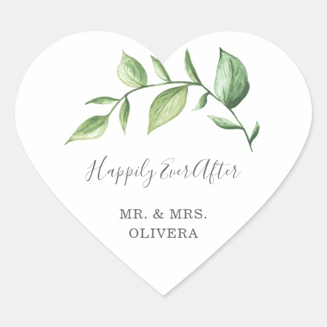 Happily Ever After Rustic Greenery Wedding Favor Heart Sticker (Front)