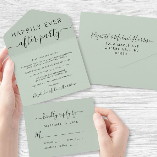 Happily Ever After Sage Green Wedding Reception All In One Invitation