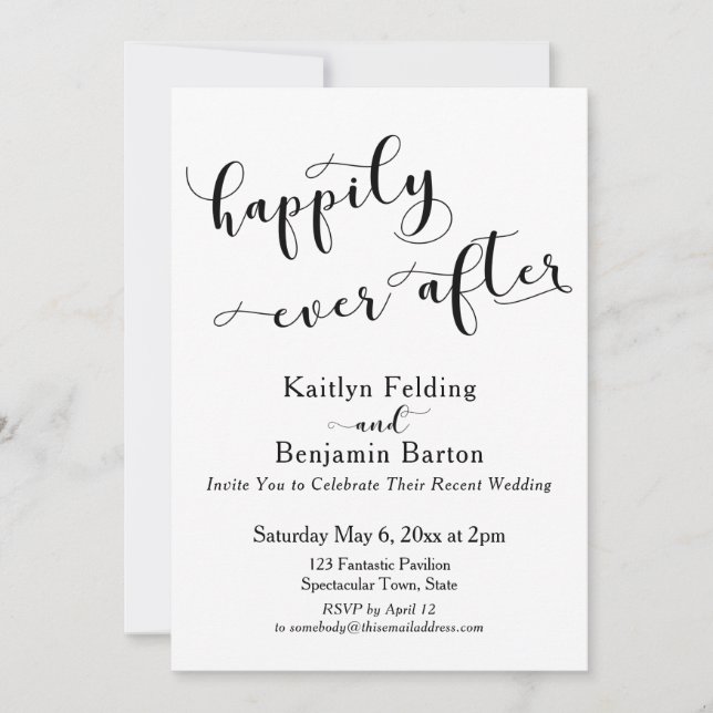 Happily Ever After Script Black & White Reception Invitation (Front)