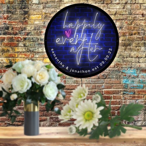 Happily Ever After Script Neon Blue Brick Wedding LED Sign