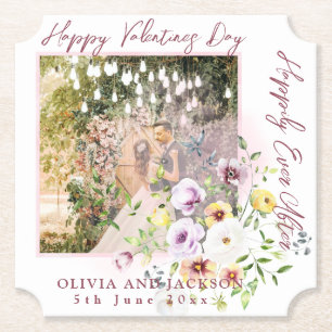 Happily Ever After Script Personalize Couple photo Paper Coaster
