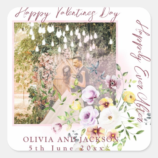 Happily Ever After Script Personalize Couple photo Square Sticker (Front)