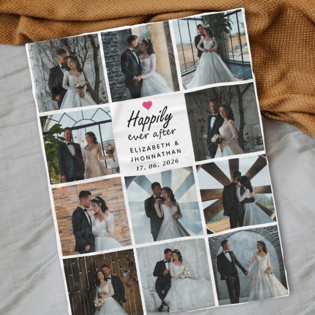Happily Ever After Script Photo Collage Pink Heart Fleece Blanket (Creator Uploaded)