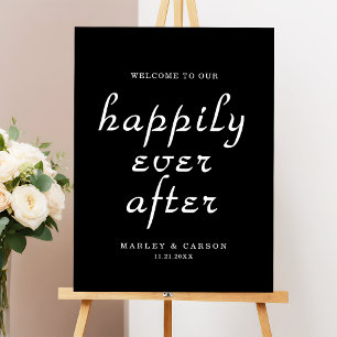 Happily Ever After Script Sleek Black Welcome Sign