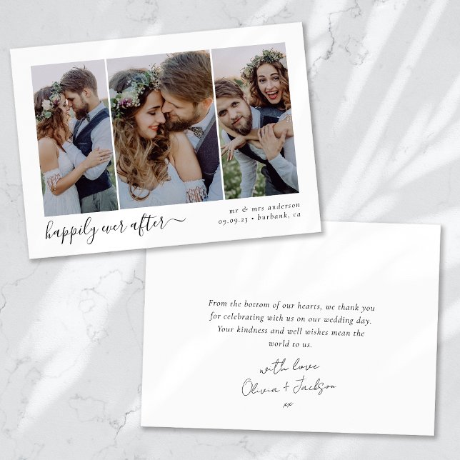 Happily Ever After Script Triptych Photo Wedding Thank You Card (Creator Uploaded)