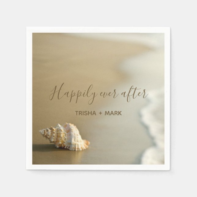 Happily Ever After Seashell on the Beach Wedding Paper Napkins (Front)