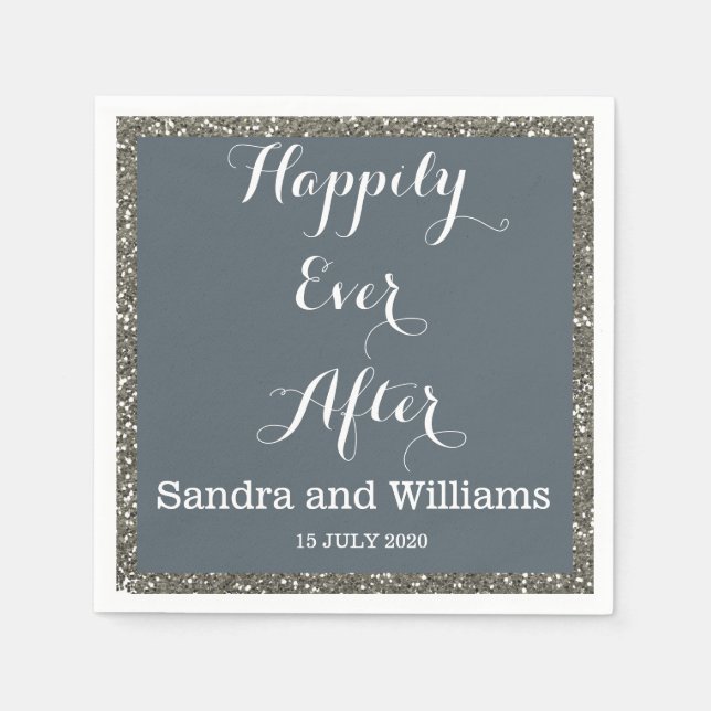 'Happily Ever After'-Silver Glitter Personalized Paper Napkins (Front)