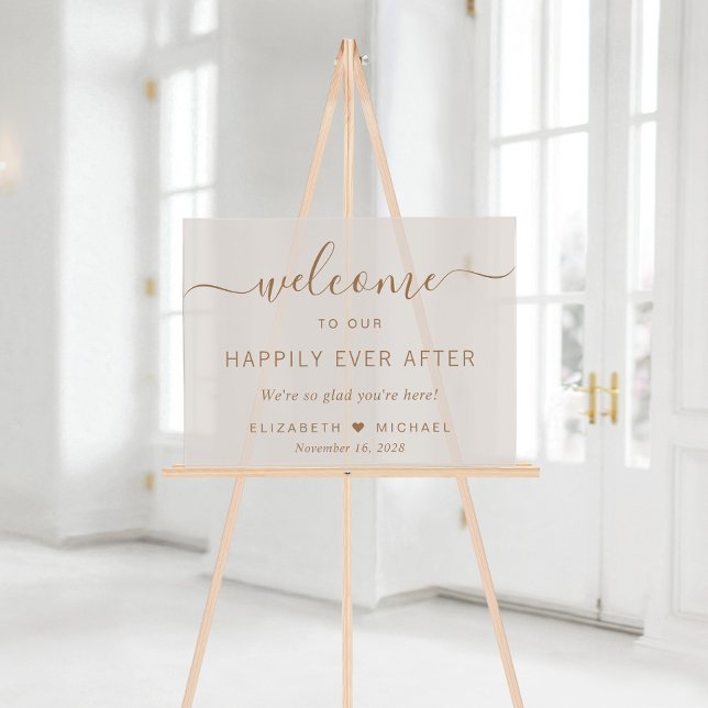 Happily Ever After Taupe Wedding Welcome Acrylic Sign (Creator Uploaded)