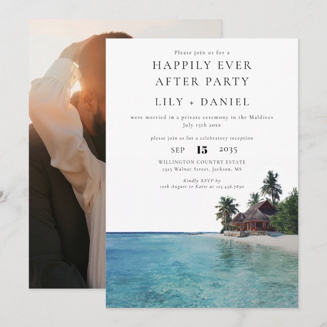 Happily Ever After Tropical Beach Photo Wedding Invitation (Front/Back)