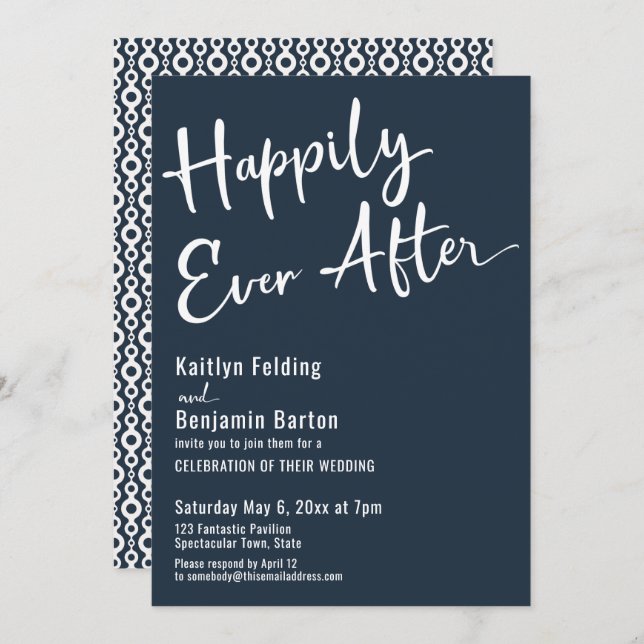 Happily Ever After Typography Bold White on Navy Invitation (Front/Back)