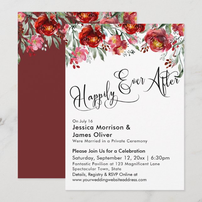 Happily Ever After Typography Burgundy Red Flowers Invitation (Front/Back)