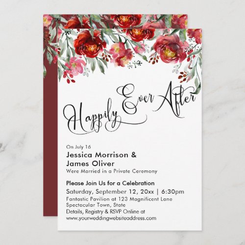 Happily Ever After Typography Burgundy Red Flowers Invitation