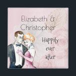 Happily Ever After Vintage Wedding Couple Magnet<br><div class="desc">A cute magnet with a retro vintage style, personalized with your name(s) and text that says happily ever after. An elegant illustration set on a pink background with faded pink roses. A fancy wedding couple illustration in a loving embrace painted with watercolors. Chic and classy with a shabby old fashioned...</div>