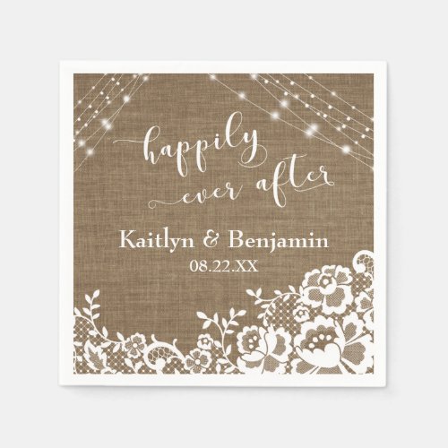 Happily Ever After w Burlap Lights  White Lace Napkins