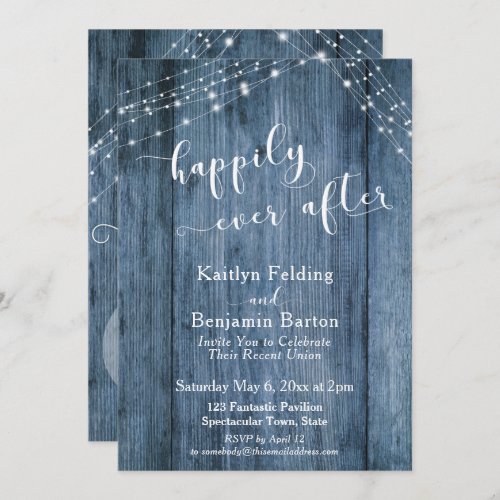Happily Ever After w Rustic Blue Wood  Lights Invitation