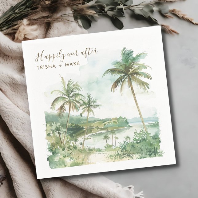 Happily Ever After Watercolor Beach Wedding Napkins (Happily Ever After Watercolor Beach Wedding Napkins)