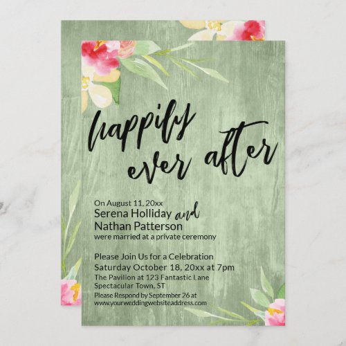 Happily Ever After Watercolor Flowers Green Wood Invitation