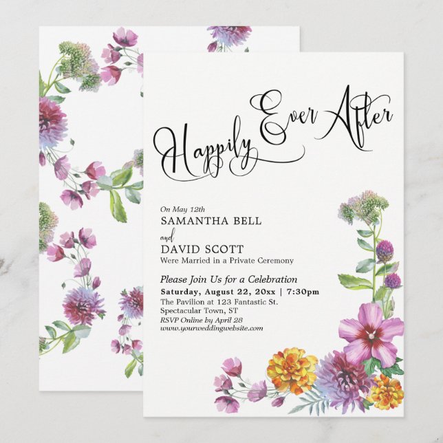 Happily Ever After Watercolor Wildflower Reception Invitation (Front/Back)
