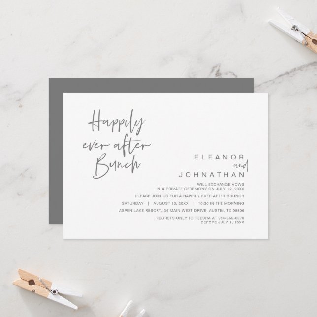 Happily Ever After Wedding Brunch, Dark Grey Invitation (Front/Back In Situ)